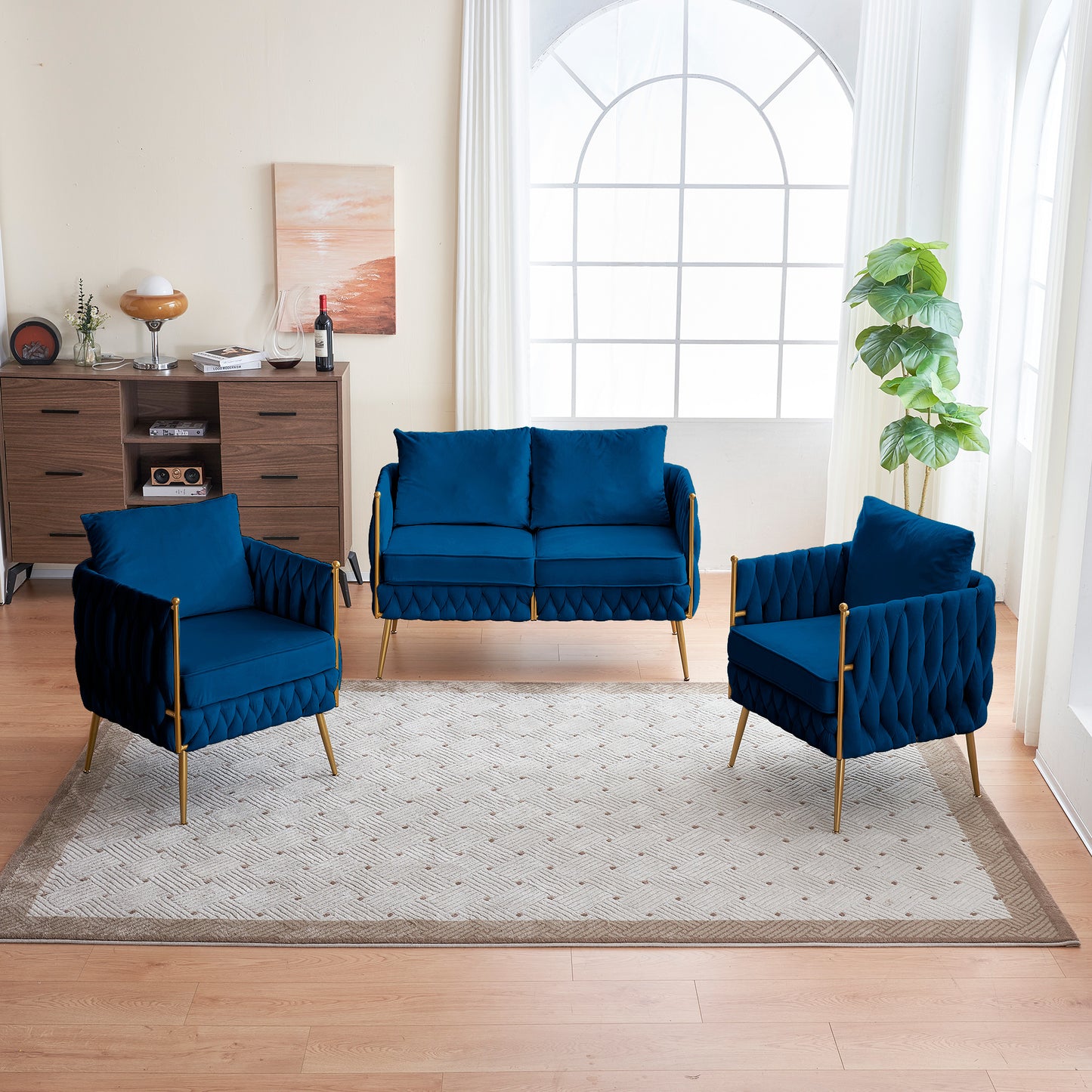 fiona fluffy tufted upholstered sofa set, blue velvet