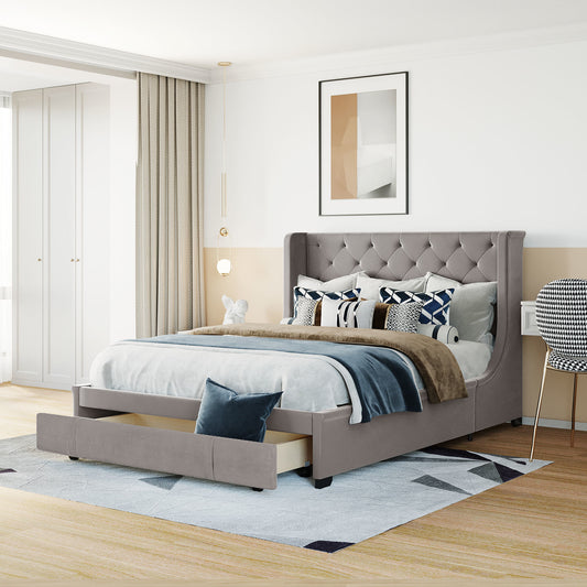Modern Velvet Upholstered Platform Bed with Wingback Headboard and a Big Drawer