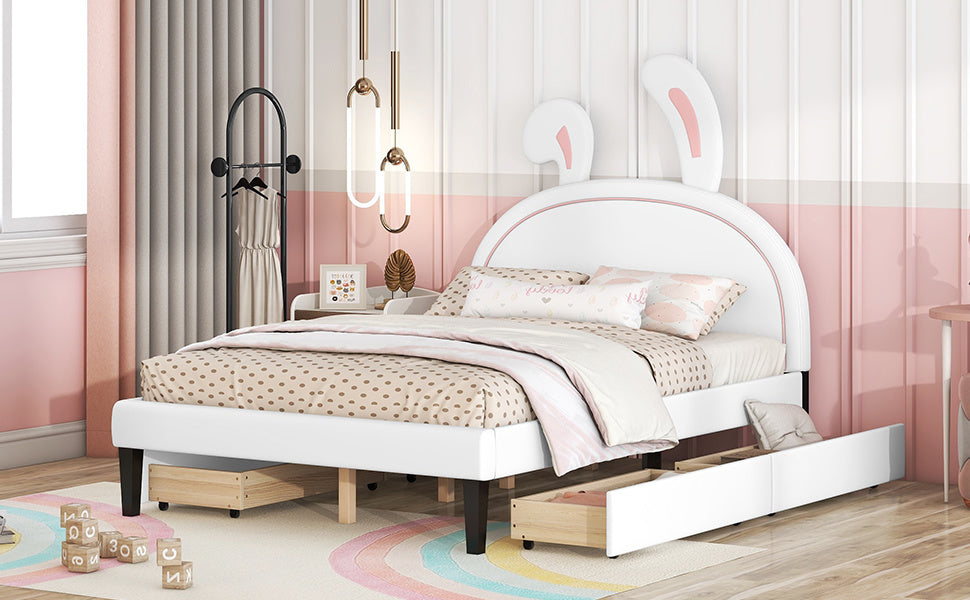 upholstered leather  bed with rabbit ornament and 4 drawers, white