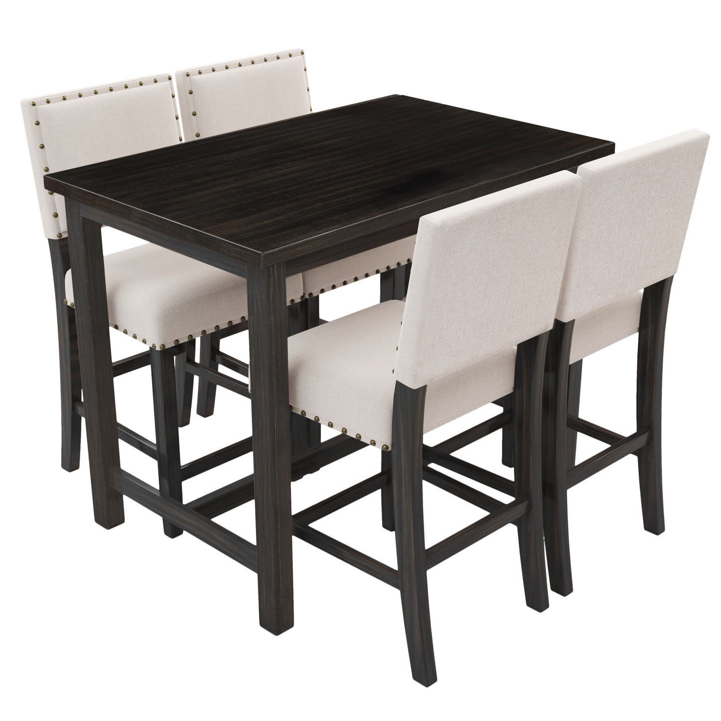 5 piece rustic wooden counter height dining table set, espresso+ beige