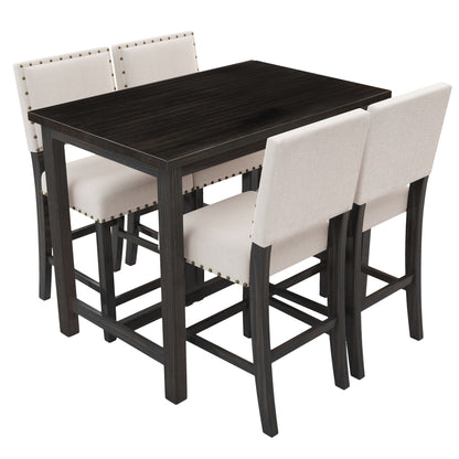 5 Piece Rustic Wooden Counter Height Dining Table Set, Espresso+ Beige