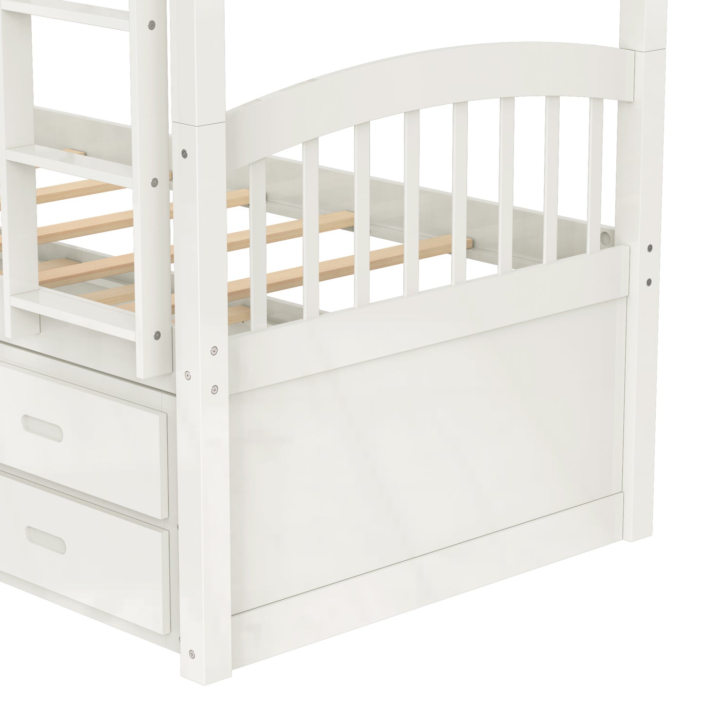 twin over twin wood bunk bed with trundle and drawers,white