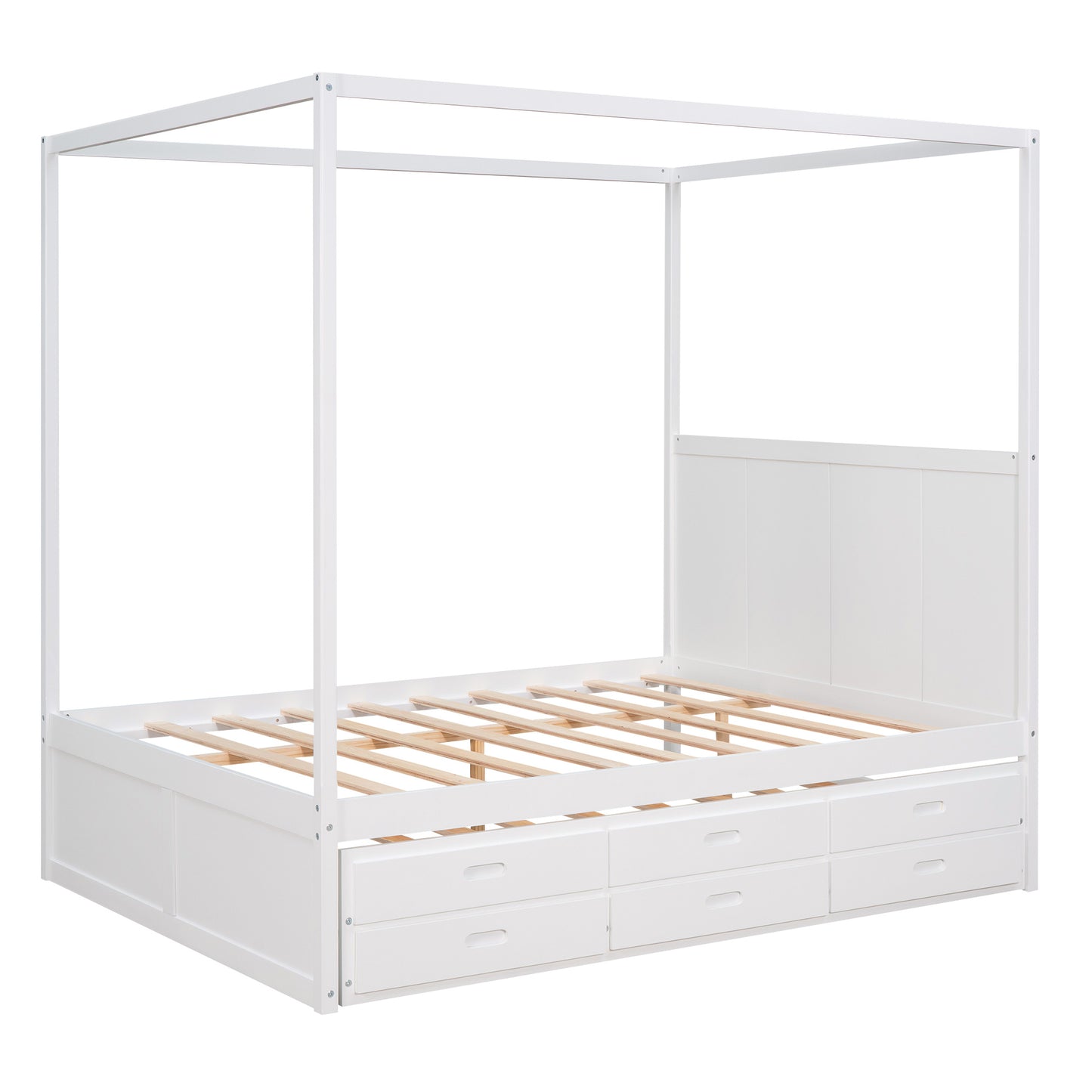 queen size canopy platform bed with twin size trundle and three storage drawers,white