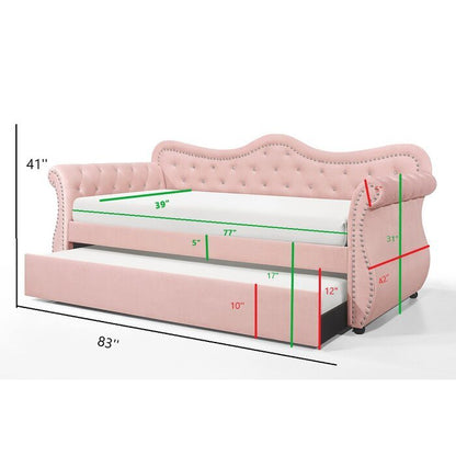 Upholstered Velvet Wood Daybed with Trundle in Pink