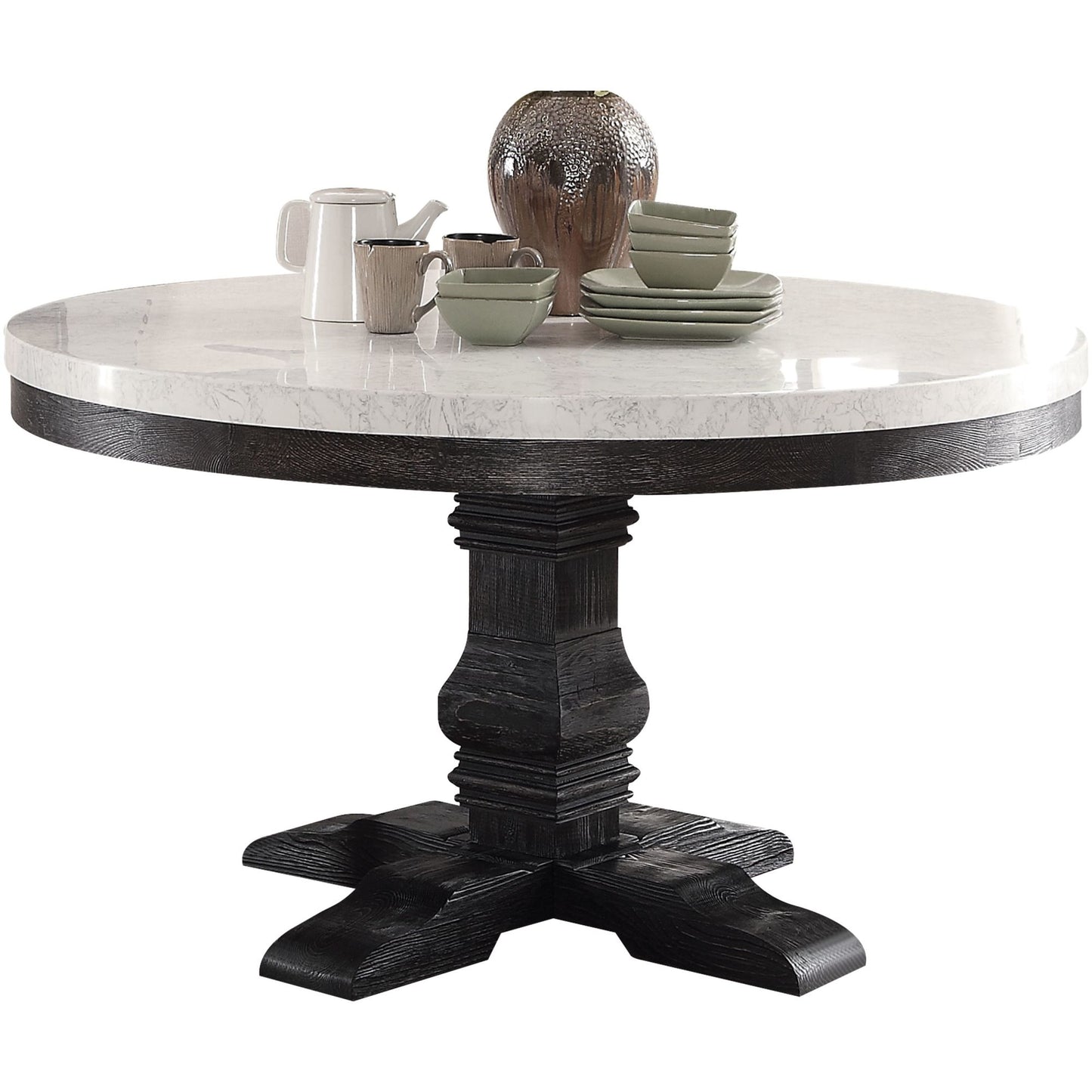 acme nolan dining table in white marble & salvage dark oak