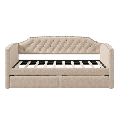 Kim Upholstered Bed with Drawers, Beige