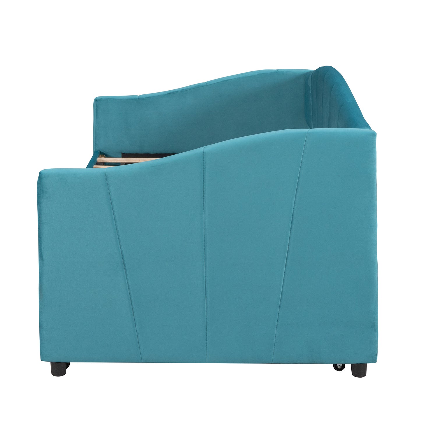 upholstered daybed with trundle bed and wood slat ; blue