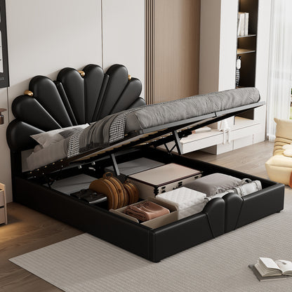 Upholstered Petal Shaped Platform Bed with Hydraulic Storage System, PU Storage Bed, Black