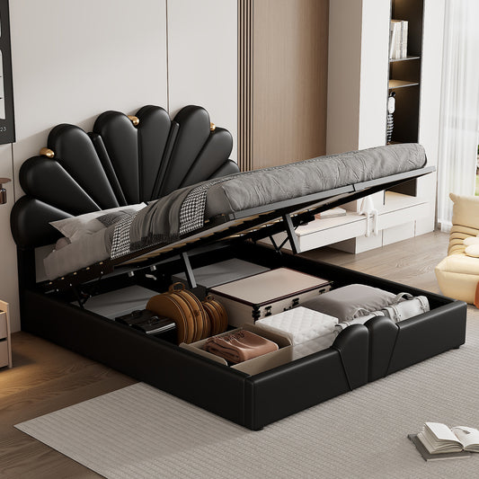 Upholstered Petal Shaped Platform Bed with Hydraulic Storage System, PU Storage Bed, Black