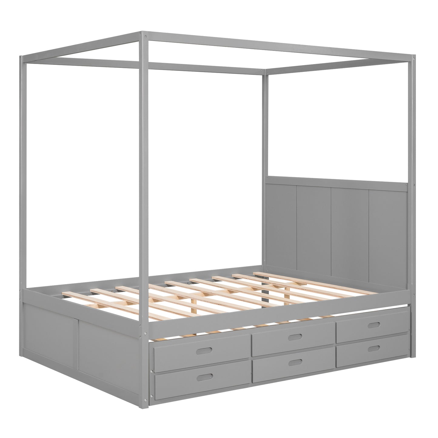 queen size canopy platform bed with twin size trundle and three storage drawers,gray
