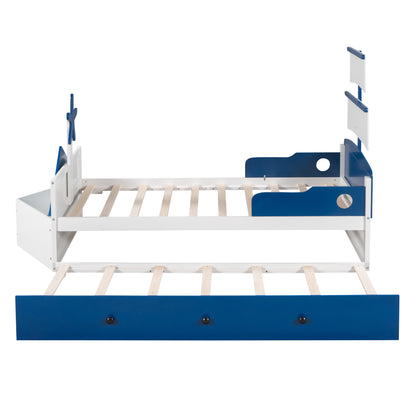 Boat-Shaped  Bed with Twin size Trundle & Storage, Blue