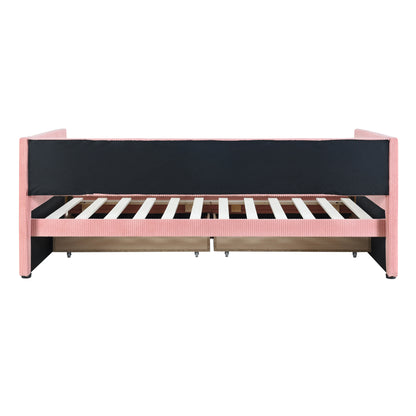 Corduroy Bed with Two Drawers and Wood Slat, Pink