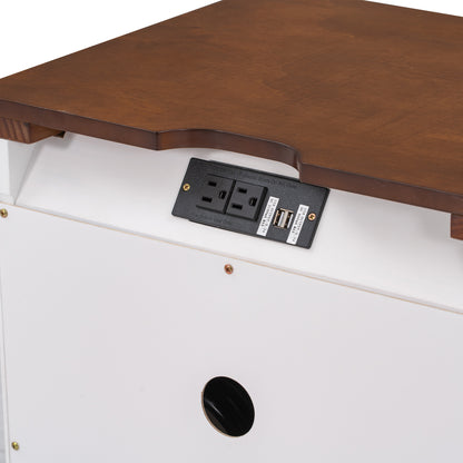 3-Pieces Bedroom Sets  with Nightstand(USB Charging Ports) and Storage Chest,White+Walnut