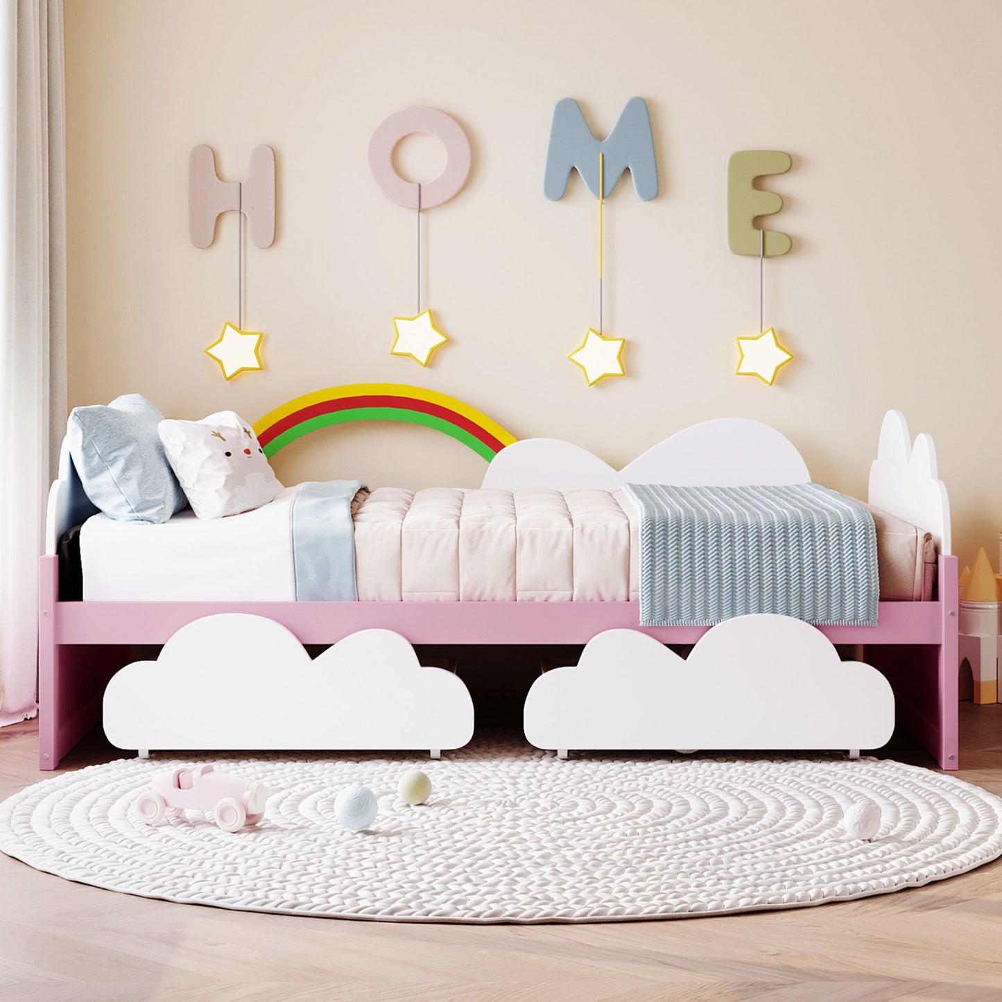twin size bed with clouds and rainbow decor