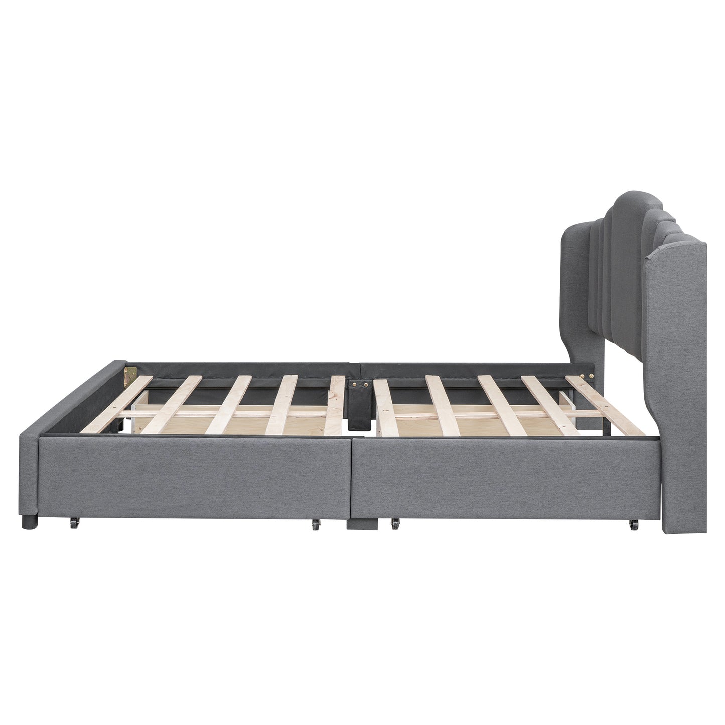 upholstered platform bed with wingback headboard and 4 drawers, gray