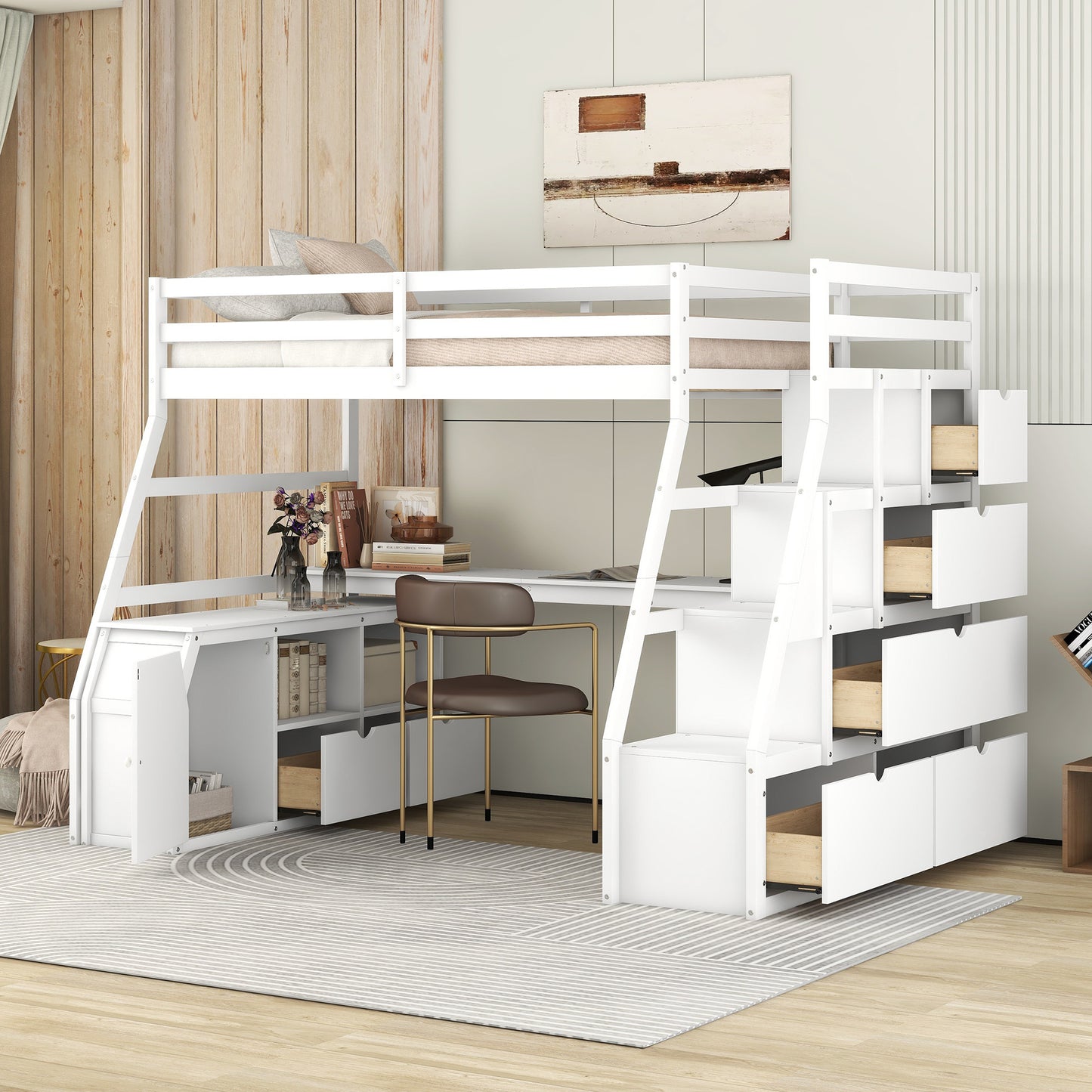 twin size loft bed with 7 drawers 2 shelves and desk - white