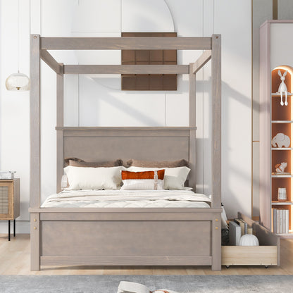 Wood Canopy Bed with two Drawers, Light Brown