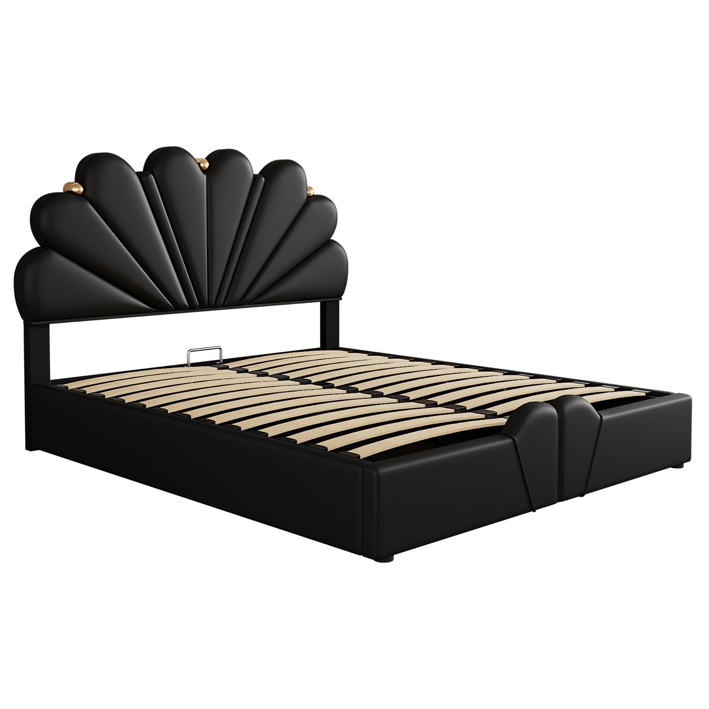 upholstered petal shaped platform bed with hydraulic storage system, pu storage bed, black
