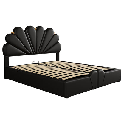 Upholstered Petal Shaped Platform Bed with Hydraulic Storage System, PU Storage Bed, Black