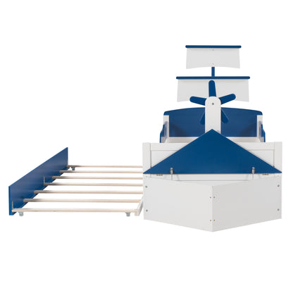 3-Pieces Boat-Shaped Platform Bed with Trundle and Two Nightstands, White+Blue