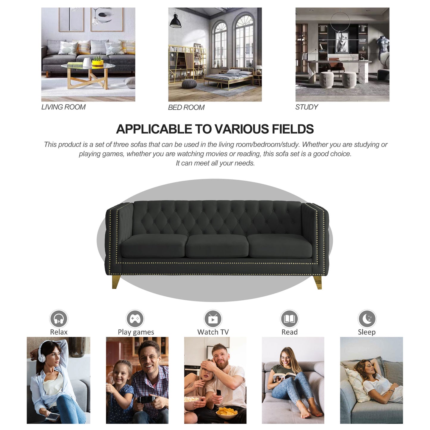 kate velvet upholstered sofa, black velvet