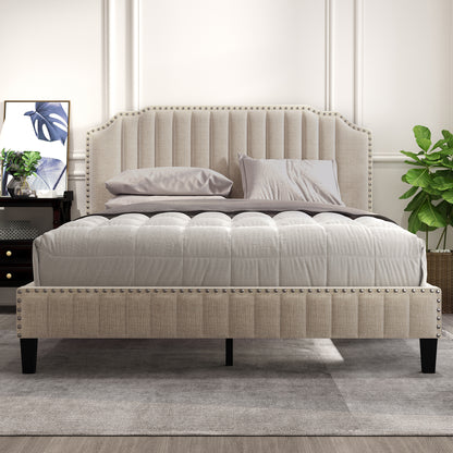 Modern Linen Curved Upholstered Platform Bed, Beige