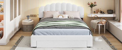 Teddy Fleece Upholstered Platform Bed with Drawer, White