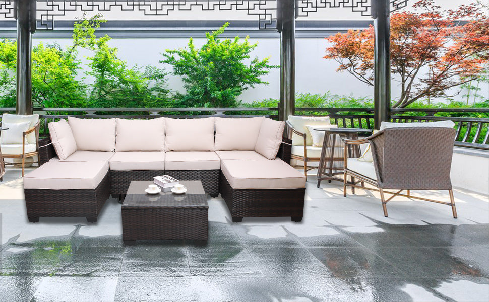 7 pieces outdoor patio sectional sofa couch set with washable cushions & glass coffee table