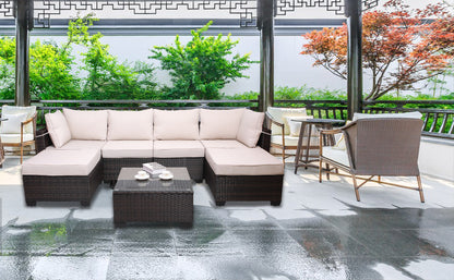 7 Pieces Outdoor Patio Sectional Sofa Couch Set with Washable Cushions & Glass Coffee Table