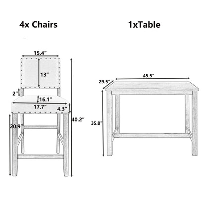 5 Piece Rustic Wooden Counter Height Dining Table Set, Espresso+ Beige