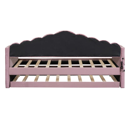 Upholstered Daybed with Trundle & USB Charging Ports, Pink