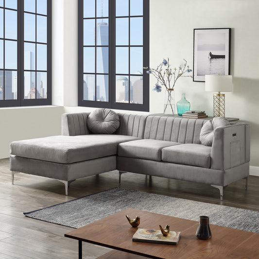 Chloe Sectional Sofa Chaise with USB Charging Port, Grey