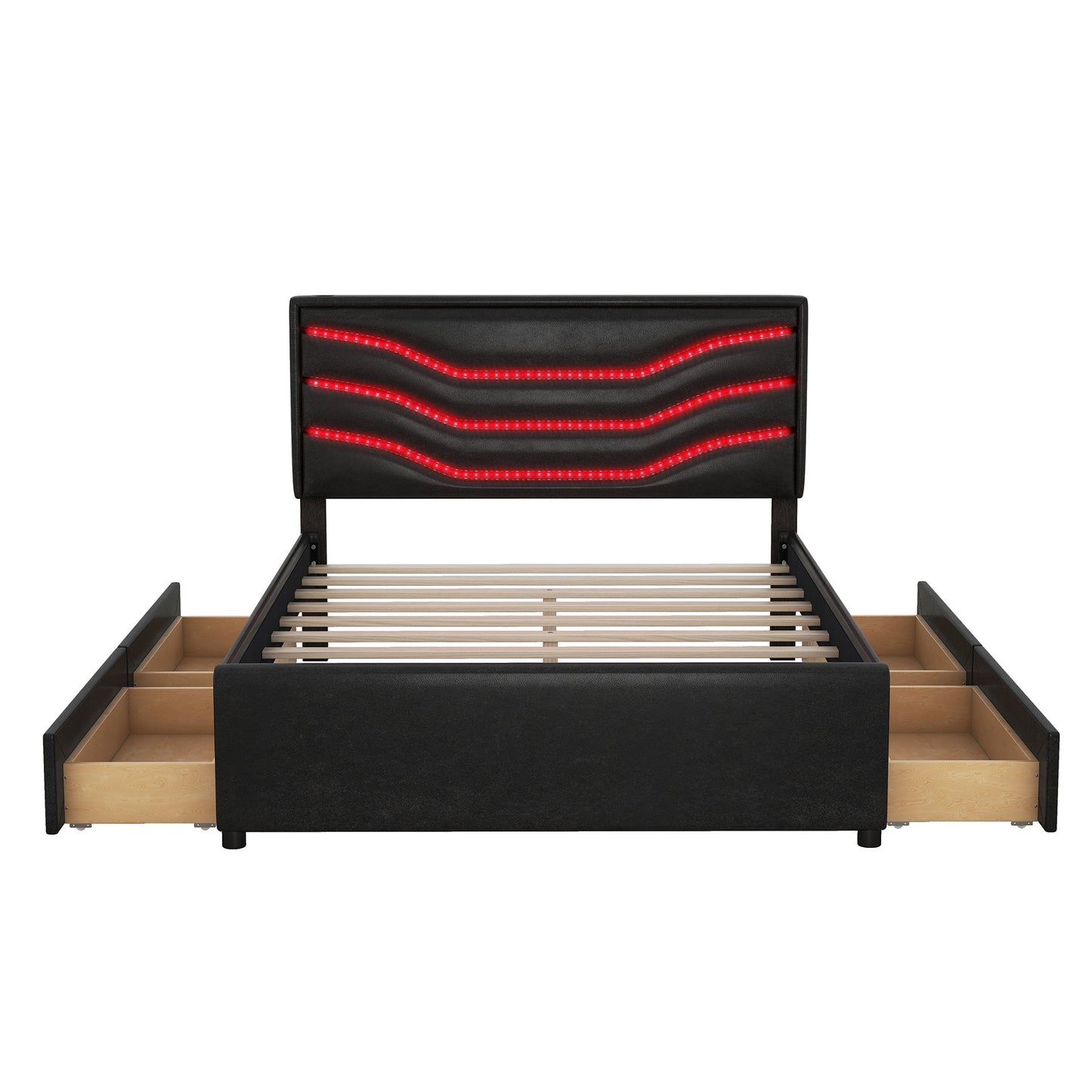 retro upholstered storage platform bed with led, 4 drawers and usb charging, black