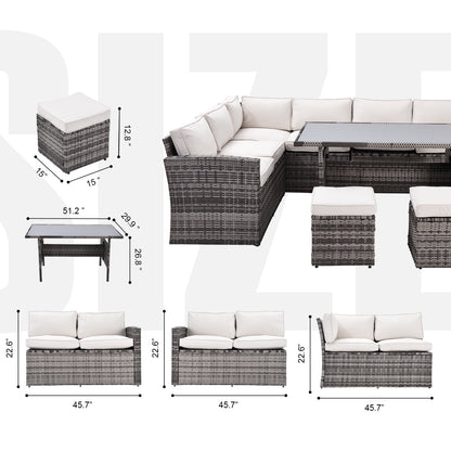 7 Pieces Outdoor Sectional Conversation Sofa with Dining Table, Chairs and Ottomans, Grey+Beige