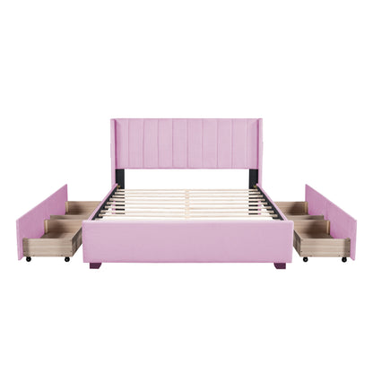 Queen Size Upholstered Bed with 4 Drawers, Pink