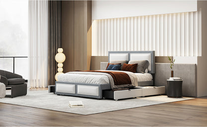 Teddy Upholstered Platform Bed with Large Rivet-decorated Backrests and 4 Drawers, Velvet Gray+White
