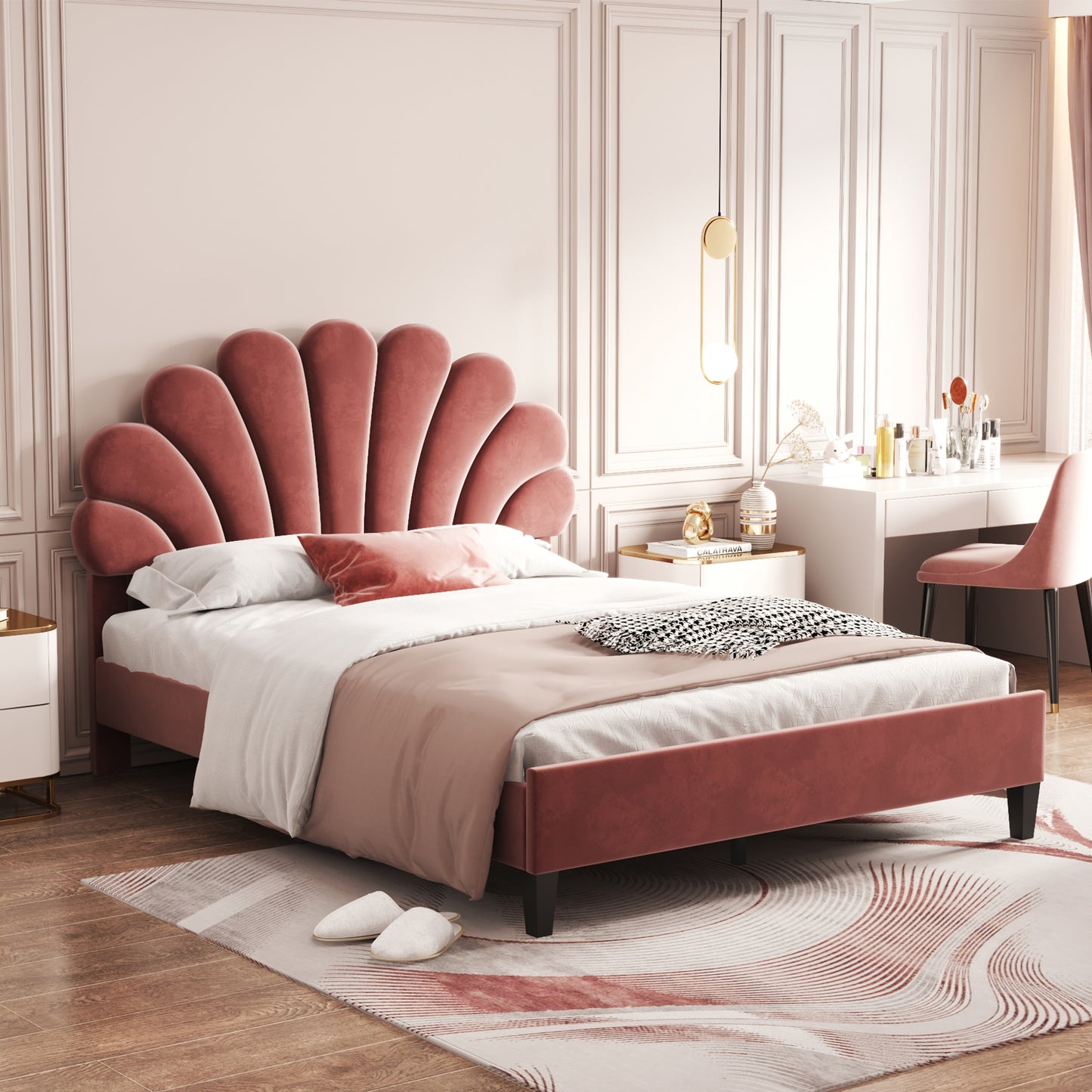 upholstered bed with flower pattern velvet headboard,