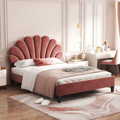 Upholstered Bed with Flower Pattern Velvet Headboard,
