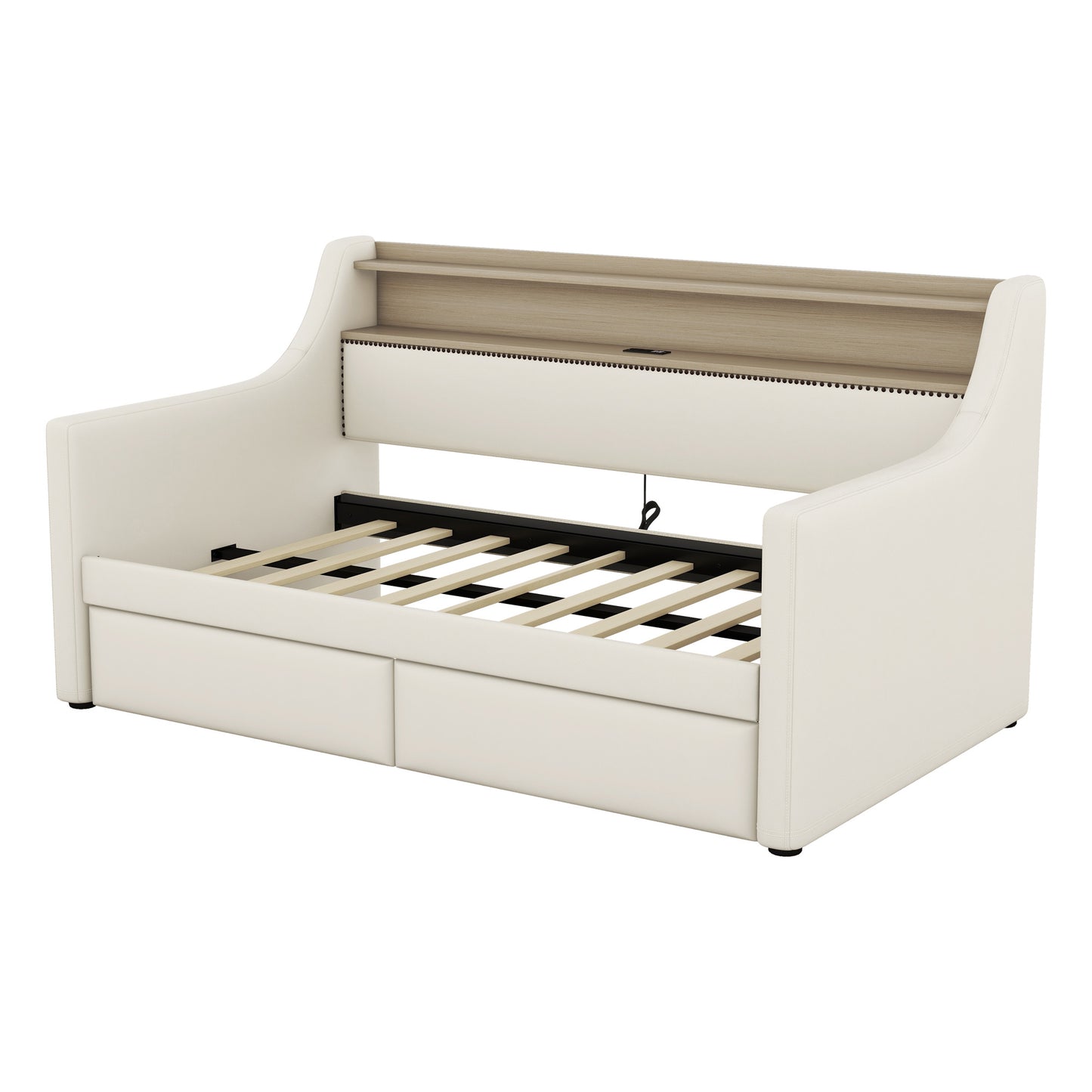 upholstered bed with charging station and led lights, beige