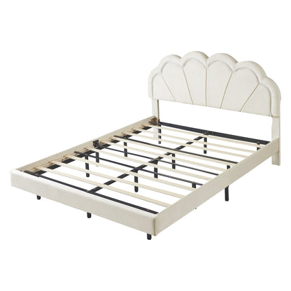 Queen Upholstered Smart LED Bed Frame with Elegant Flowers Headboard, Beige