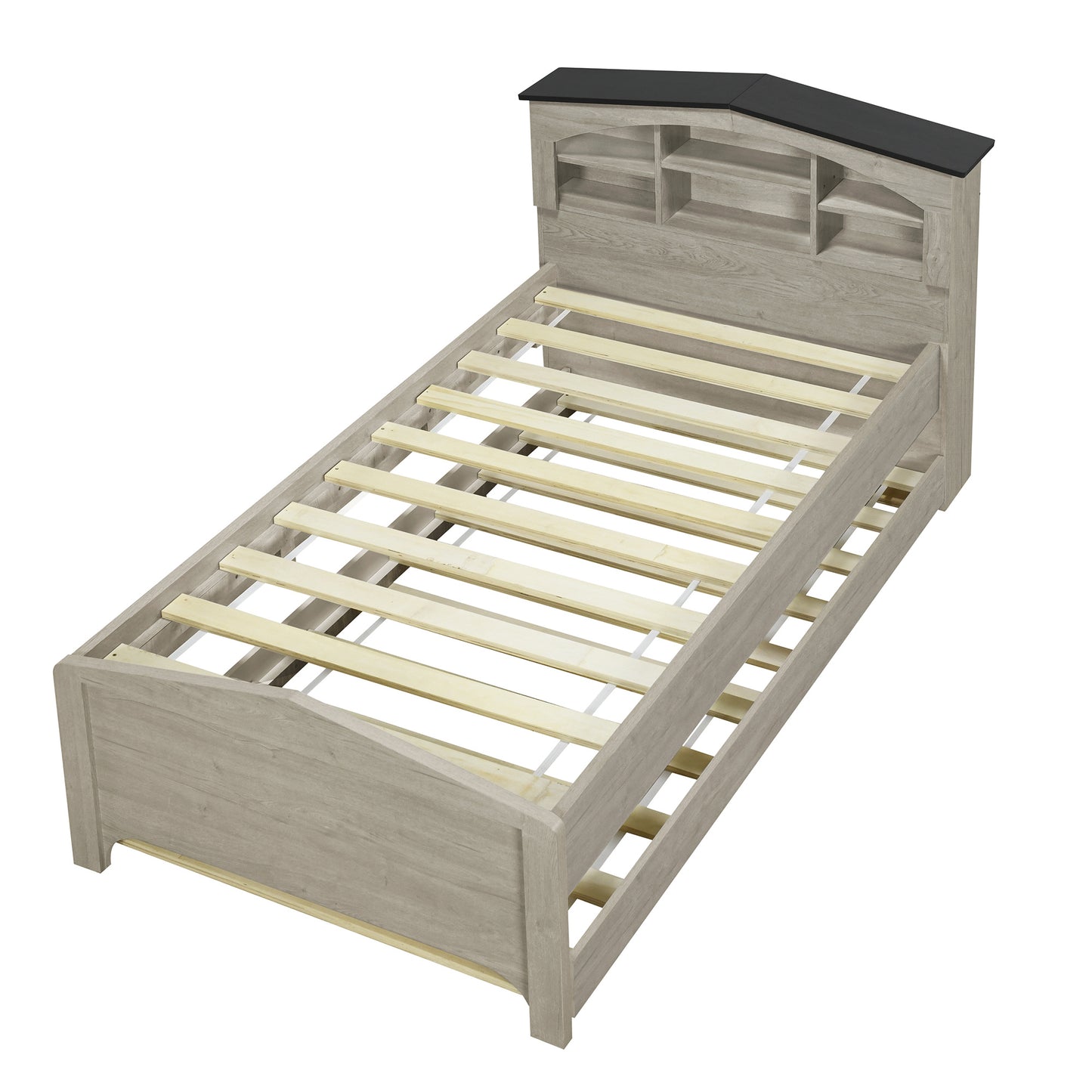 house-shaped bed with storage headboard and trundle, gray