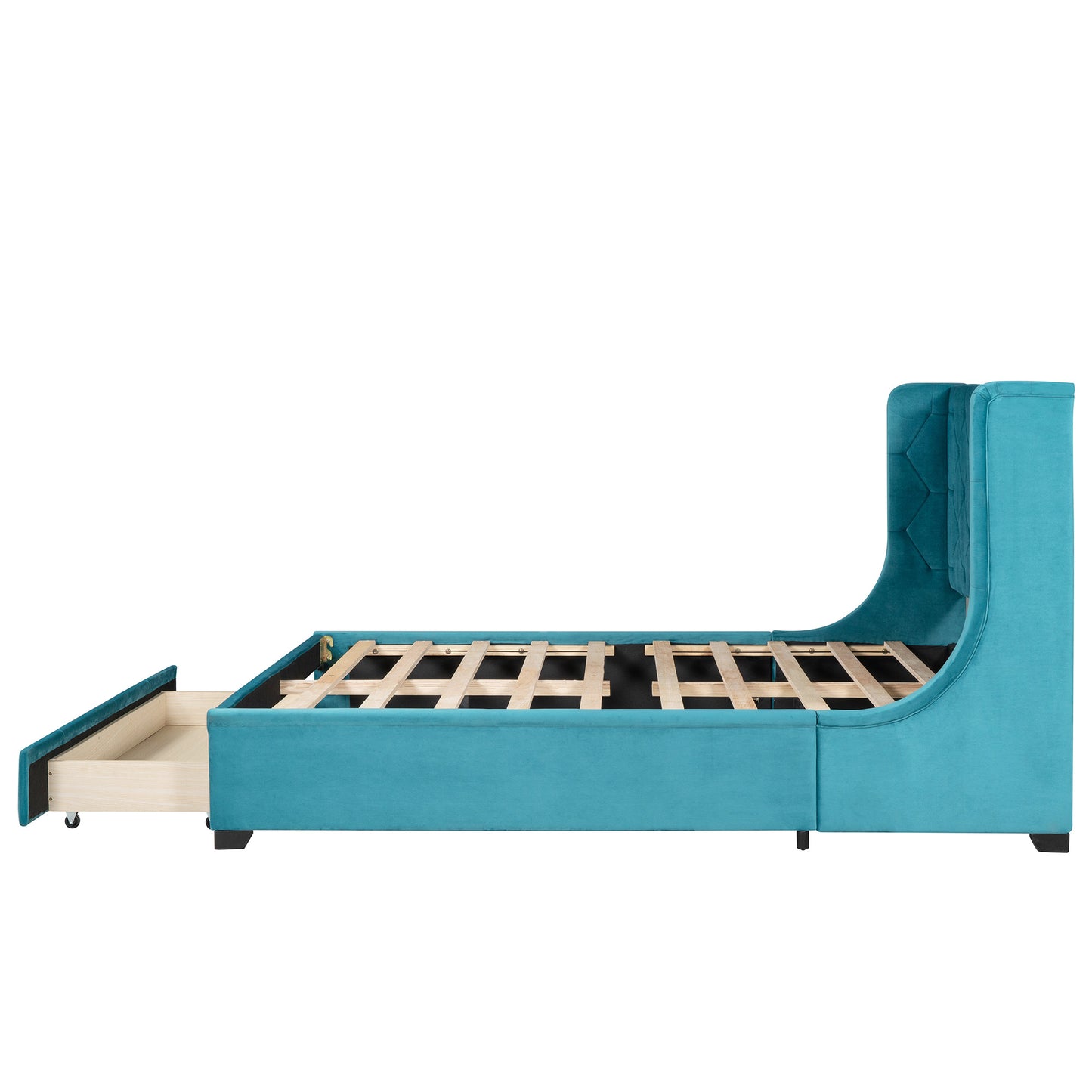 modern velvet upholstered platform bed with wingback headboard and a big drawer