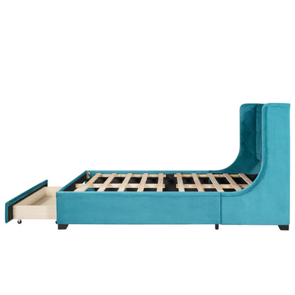 Modern Velvet Upholstered Platform Bed with Wingback Headboard and a Big Drawer