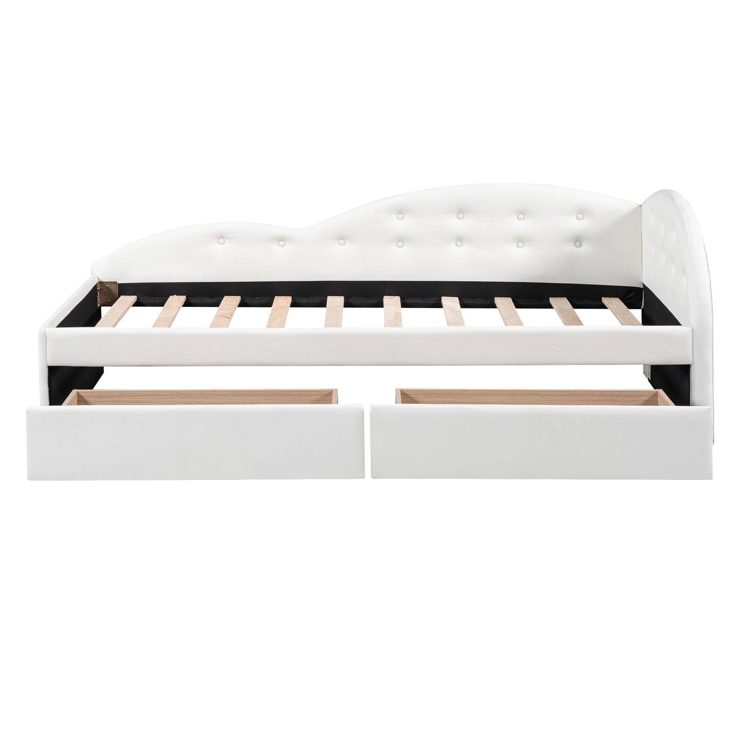 upholstered tufted bed with two drawers and cloud shaped guardrail, white