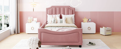 Twin Size Upholstered Daybed with Classic Stripe Shaped Headboard, Pink