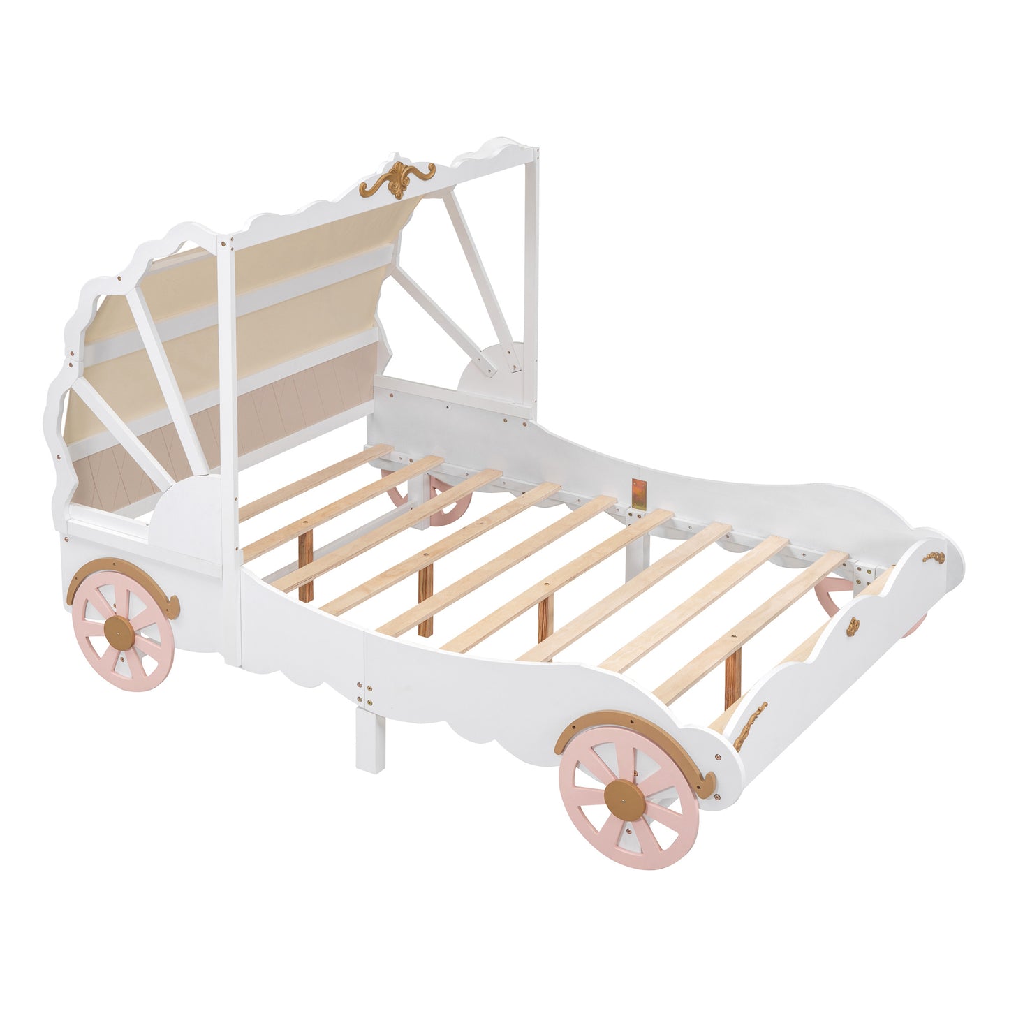 princess carriage bed with canopy, white+pink+gold