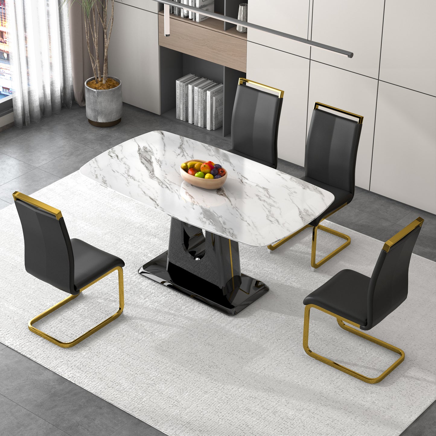 a modern, minimalist, and luxurious dining table with a white imitation marble tabletop and mdf legs with u-shaped brackets. tables in restaurants and living rooms 63"*35.4"*30 f-u
