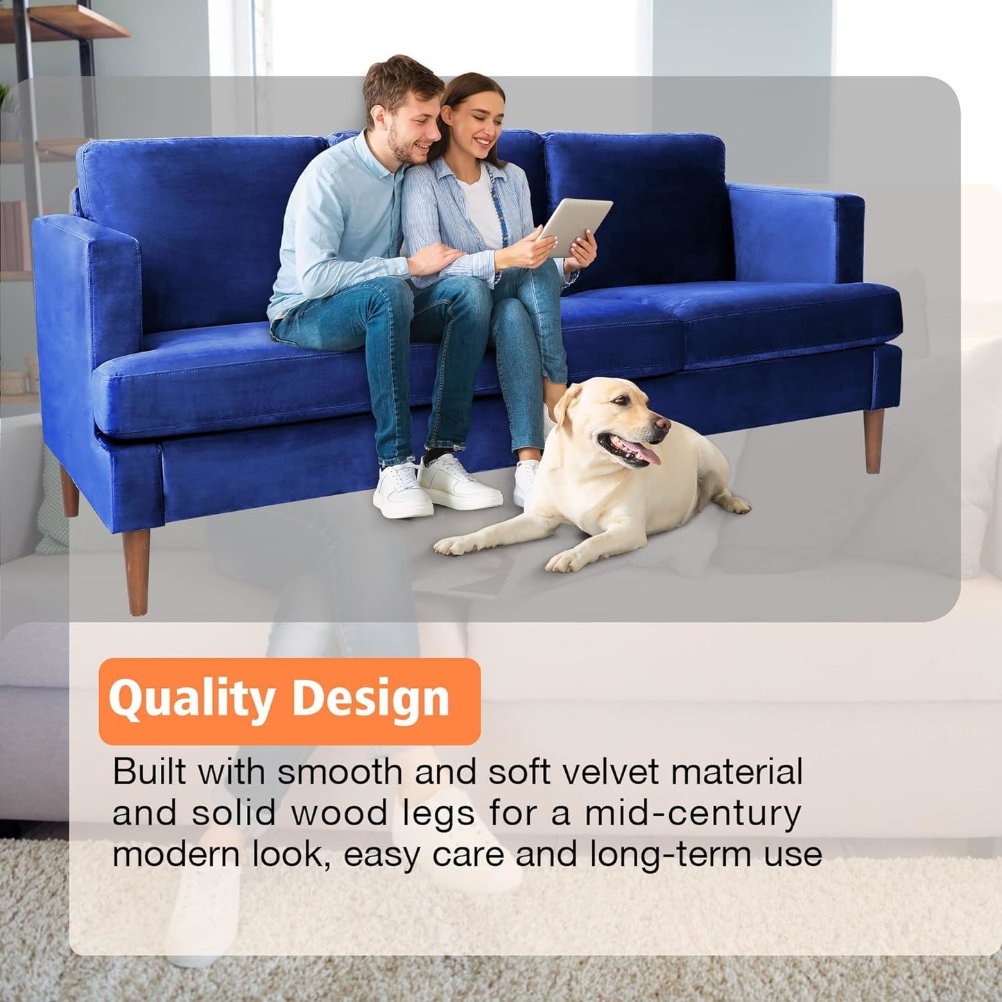 velvet tufted couch, navy blue
