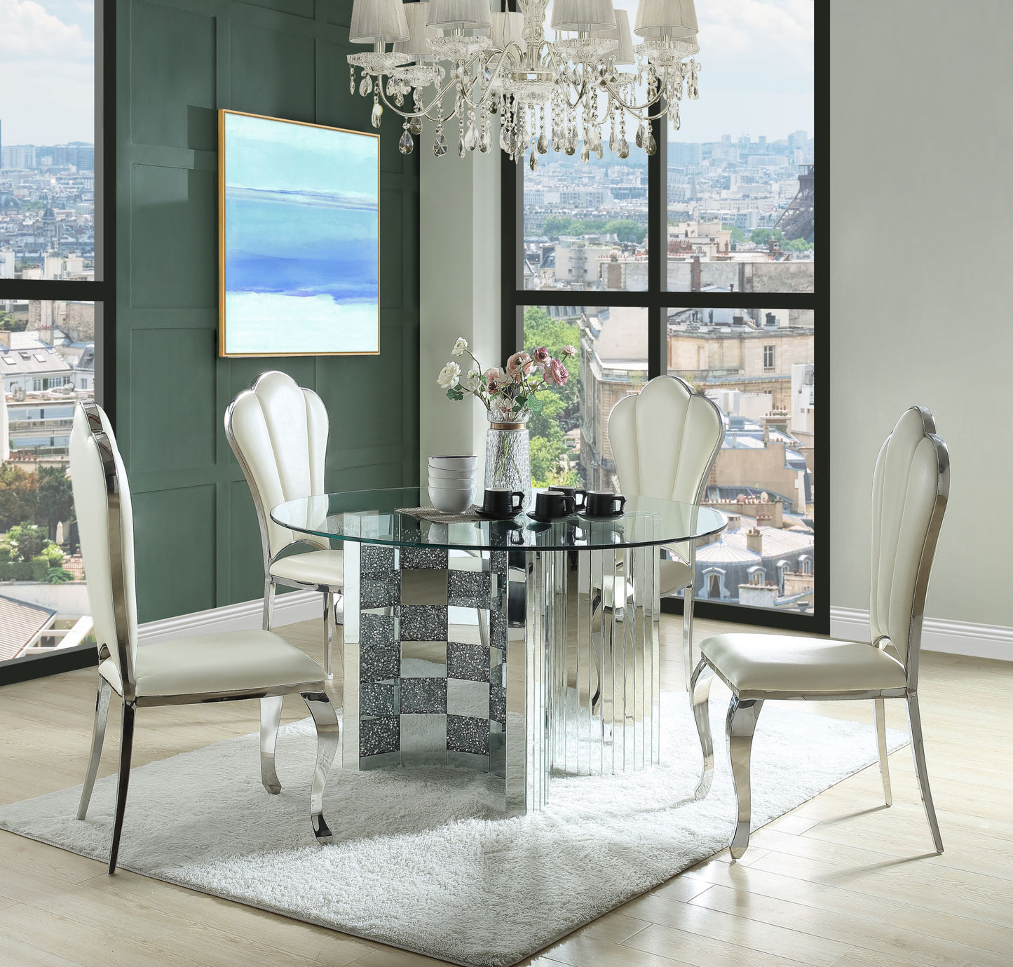 acme noralie dining table mirrored & faux diamonds