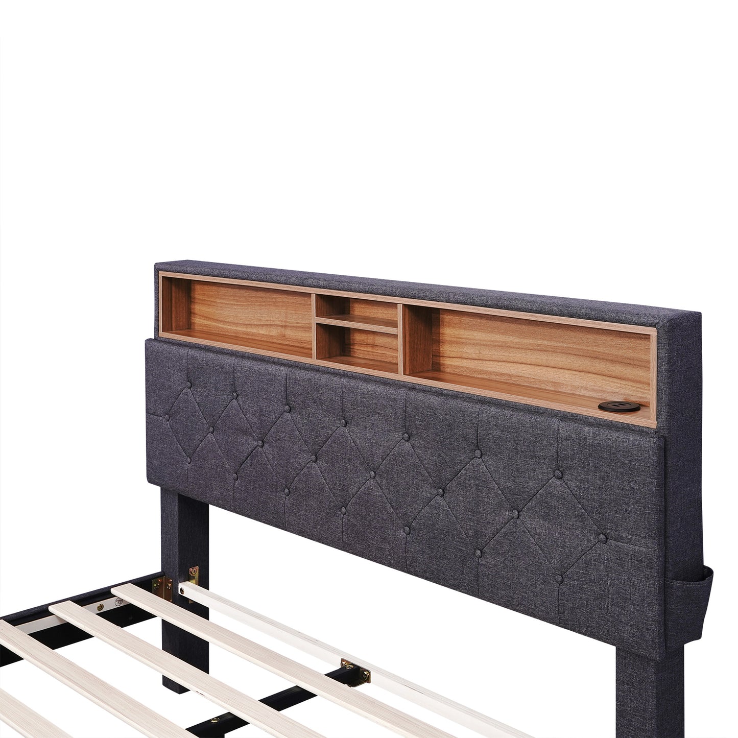 full size upholstered bed with storage headboard, led, usb charging and 2 drawers, dark gray